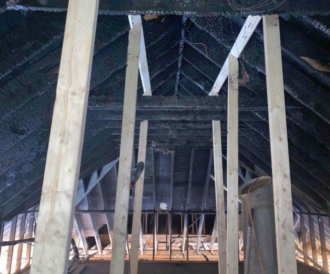 unstable fire damaged roof and attic