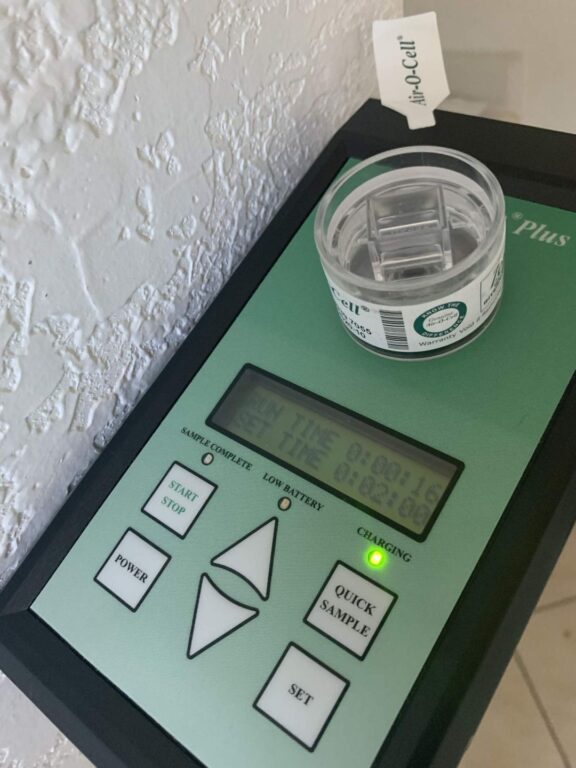 Indoor Air sample being taken – the process by which we can take air samples to send off to the lab for identification