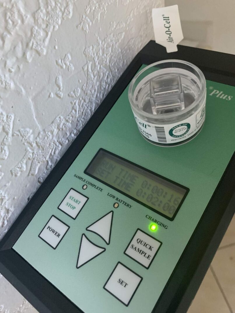 Indoor Air sample being taken – the process by which we can take air samples to send off to the lab for identification