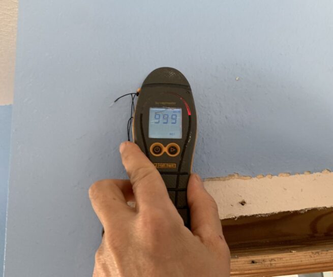 blue bedroom meter reads wet drywall, top down