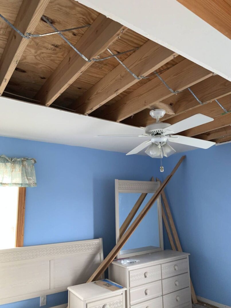 most of the ceiling had to come down to dry the room and to replace wet building materials