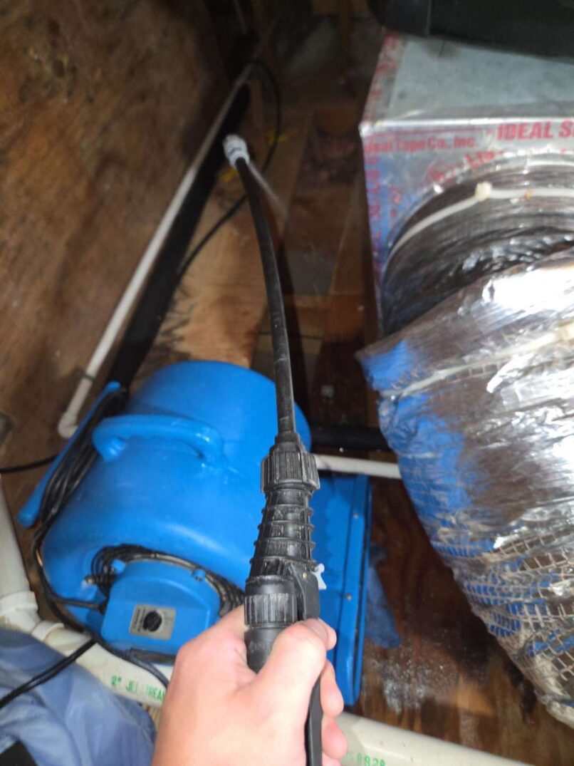 applying antimicrobial cleaning solution and drying equipment starts